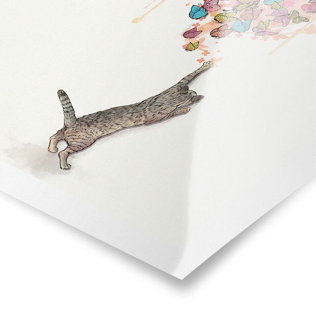 Posters Illustration Cat With Colourful Butterflies Painting