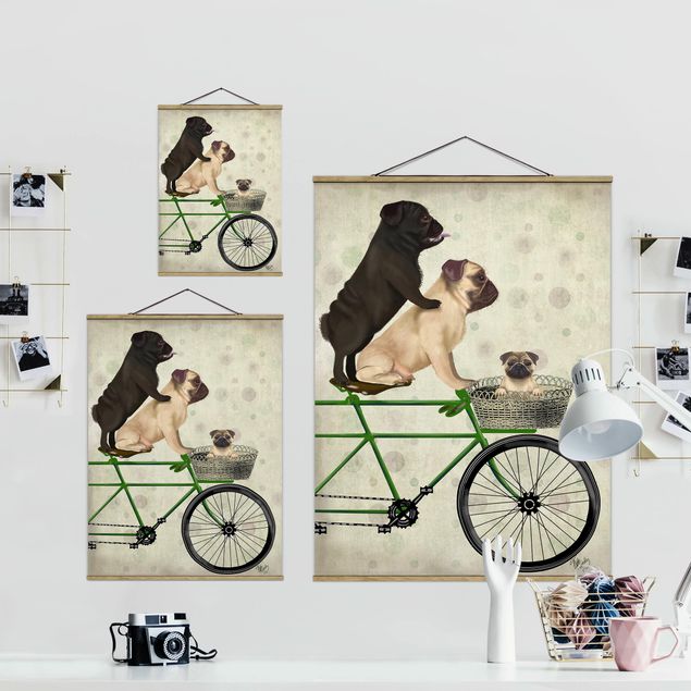 Stoffen schilderij met posterlijst Cycling - Pugs On Bike