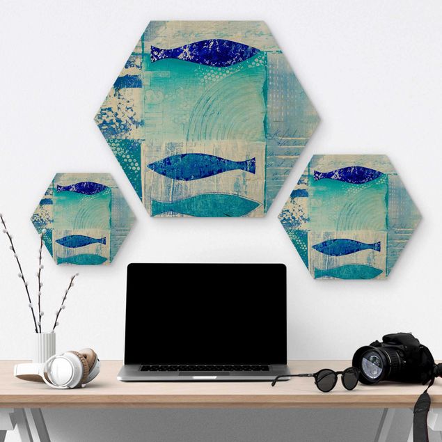 Hexagons houten schilderijen Fish In The Blue