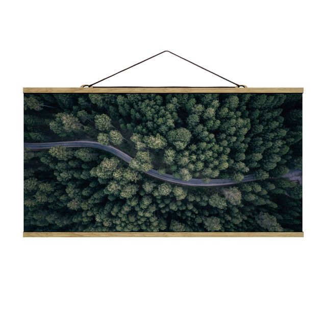 Stoffen schilderij met posterlijst Aerial View - Forest Road From The Top