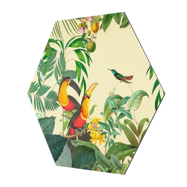 Hexagons Aluminium Dibond schilderijen Vintage Collage - Birds In The Jungle