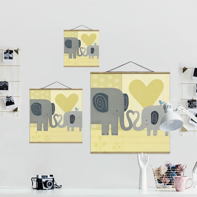 Stoffen schilderij met posterlijst Mum And I - Elephants