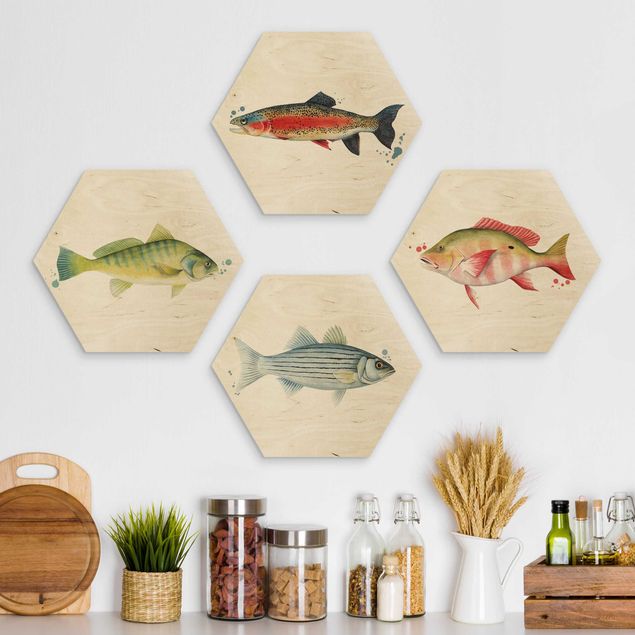 Hexagons houten schilderijen - 4-delig Ink Trap - Fish Set I