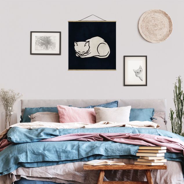 Stoffen schilderij met posterlijst Sleeping Cat Illustration