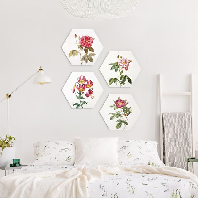 Hexagons Forex schilderijen - 4-delig Pierre Joseph Redoute - Roses And Lilies