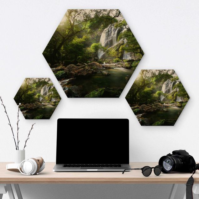 Hexagons houten schilderijen Mountain Stream