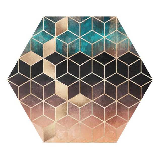 Hexagons Forex schilderijen Turquoise Rosé Golden Geometry