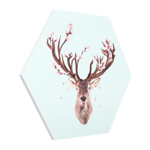 Hexagons Forex schilderijen Deer With Cherry Blossoms