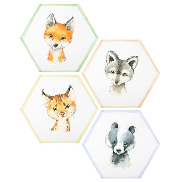 Hexagons Aluminium Dibond schilderijen - 4-delig Watercolour Forest Animals Set IV