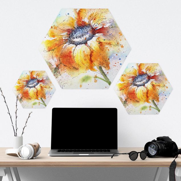 Hexagons Aluminium Dibond schilderijen Painted Sunflower