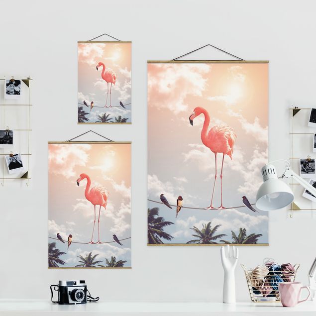 Stoffen schilderij met posterlijst Sky With Flamingo