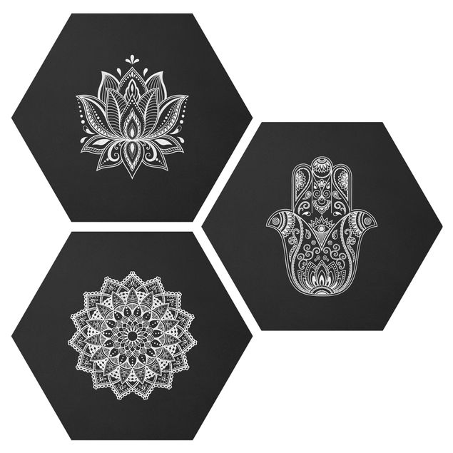 Hexagons Forex schilderijen - 3-delig Mandala Hamsa Hand Lotus Set On Black