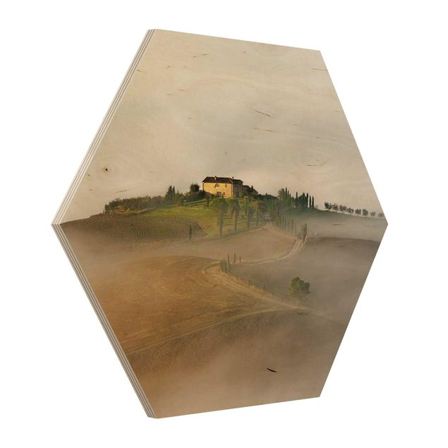Hexagons houten schilderijen Morning Fog In The Tuscany