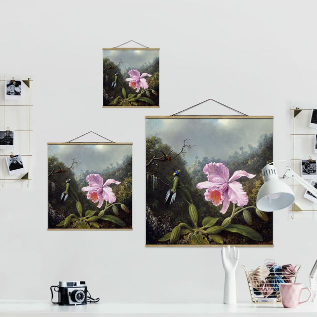Stoffen schilderij met posterlijst Martin Johnson Heade - Still Life With An Orchid And A Pair Of Hummingbirds