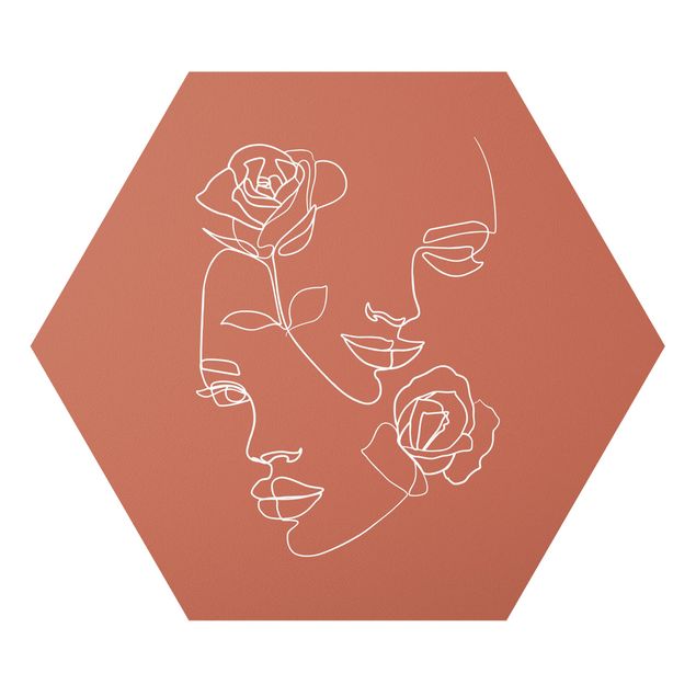 Hexagons Forex schilderijen Line Art Faces Women Roses Copper