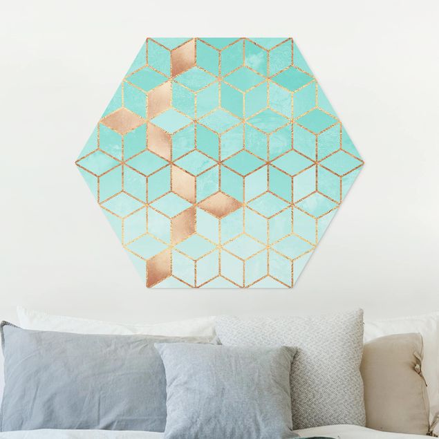 Hexagons Forex schilderijen Turquoise White Golden Geometry