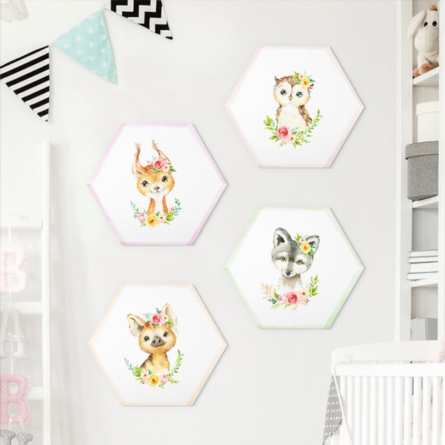 Hexagons Forex schilderijen - 4-delig Watercolour Forest Animals With Flowers Set IV