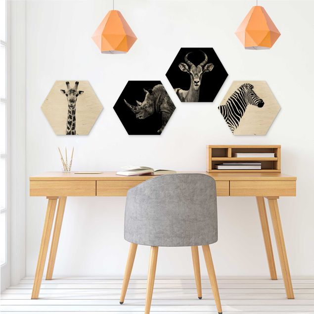 Hexagons houten schilderijen - 4-delig Safari Quartet