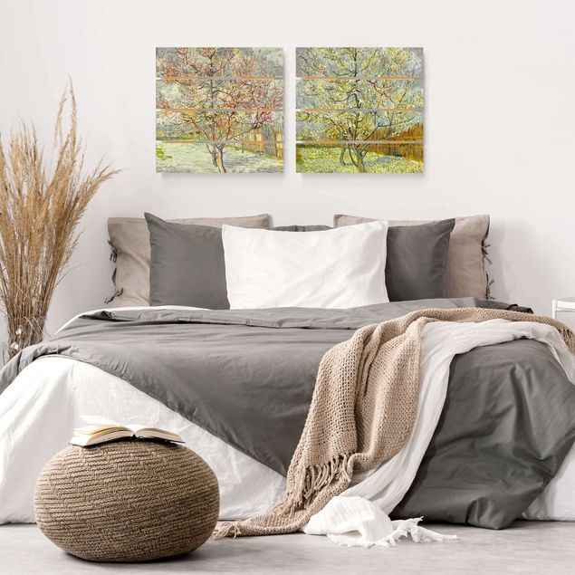 Houten schilderijen op plank - 2-delig Vincent Van Gogh - Peach Blossom In The Garden