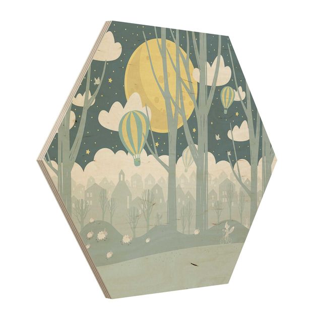 Hexagons houten schilderijen Moon With Trees And Houses