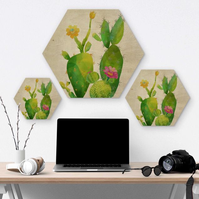 Hexagons houten schilderijen Cactus Family In Pink And Yellow