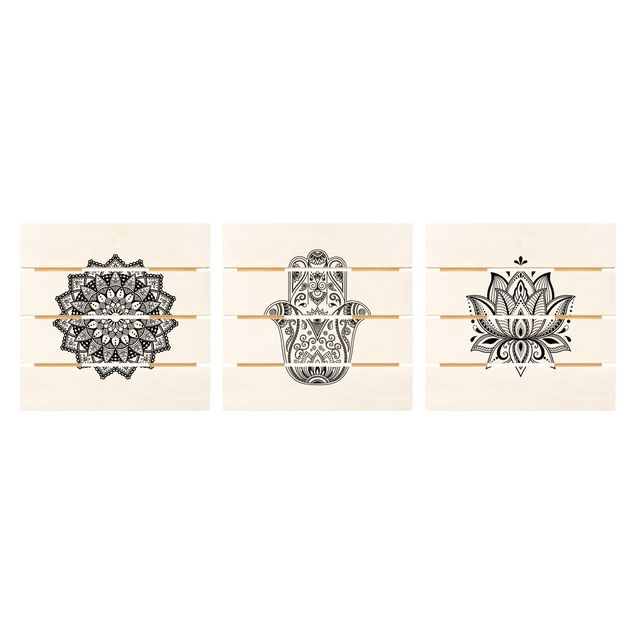 Houten schilderijen op plank - 3-delig Mandala Hamsa Hand Lotus Set On White