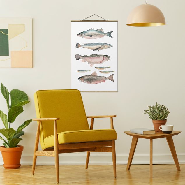 Stoffen schilderij met posterlijst Seven Fish In Watercolour I