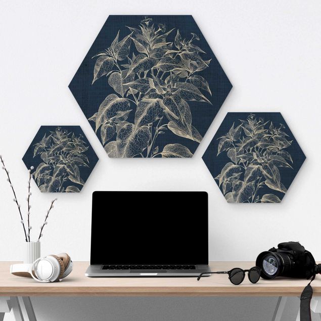 Hexagons houten schilderijen Denim Plant Study III