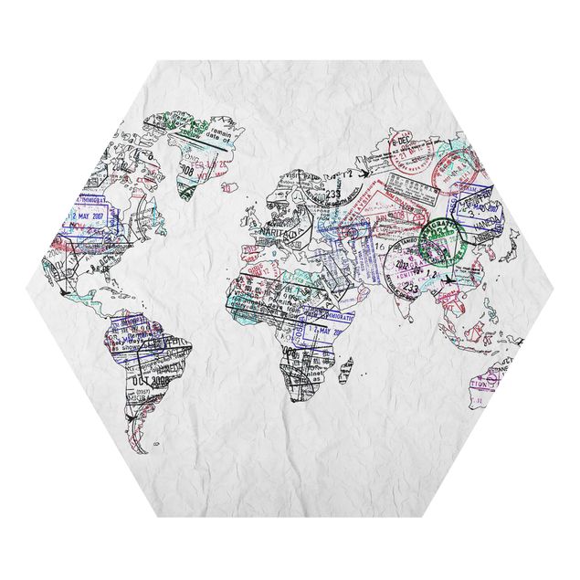 Hexagons Aluminium Dibond schilderijen Passport Stamp World Map