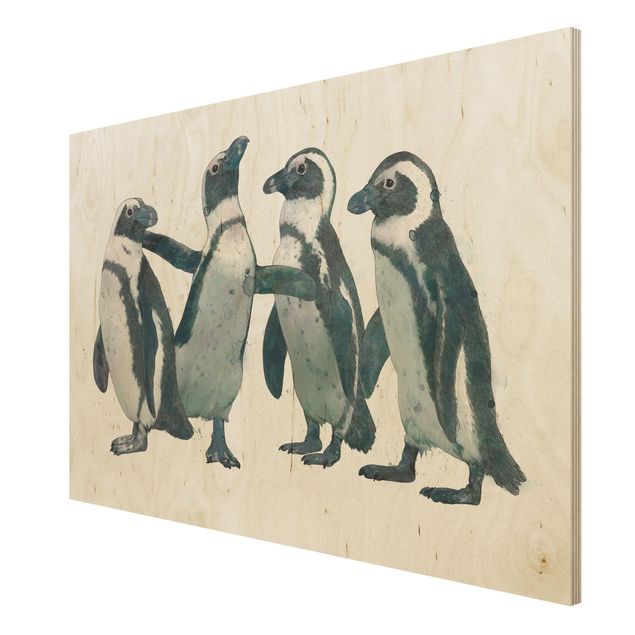 Houten schilderijen Illustration Penguins Black And White Watercolour