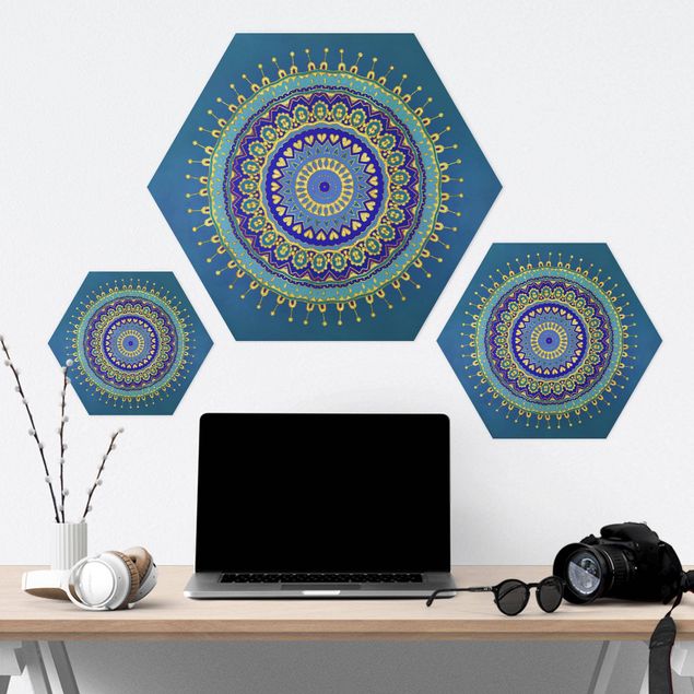 Hexagons Forex schilderijen Mandala Blue Gold