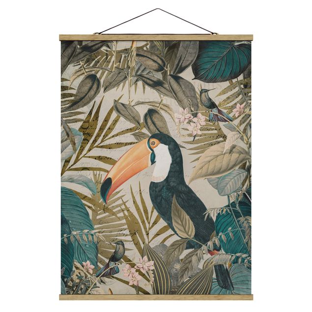 Stoffen schilderij met posterlijst Vintage Collage - Toucan In The Jungle