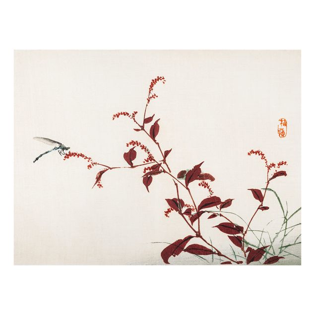 Spatscherm keuken Asian Vintage Drawing Red Branch With Dragonfly