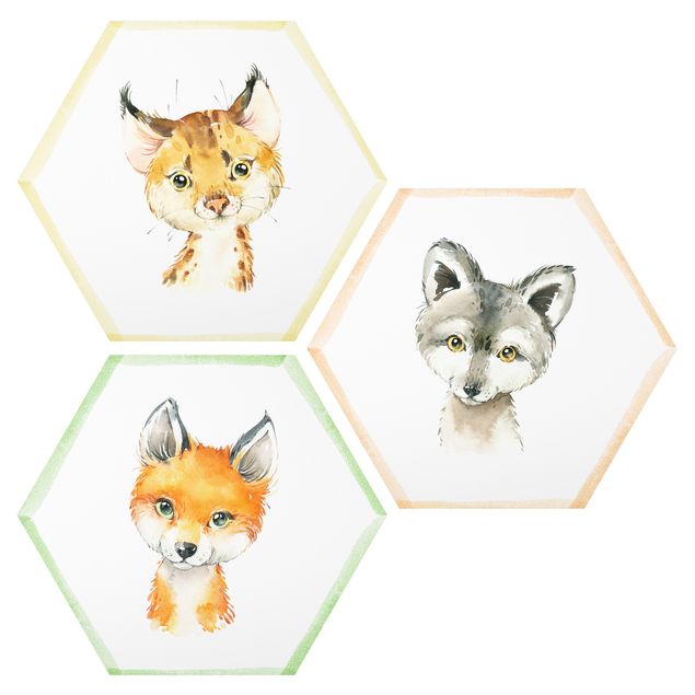 Hexagons Forex schilderijen - 3-delig Watercolour Forest Animals Set III