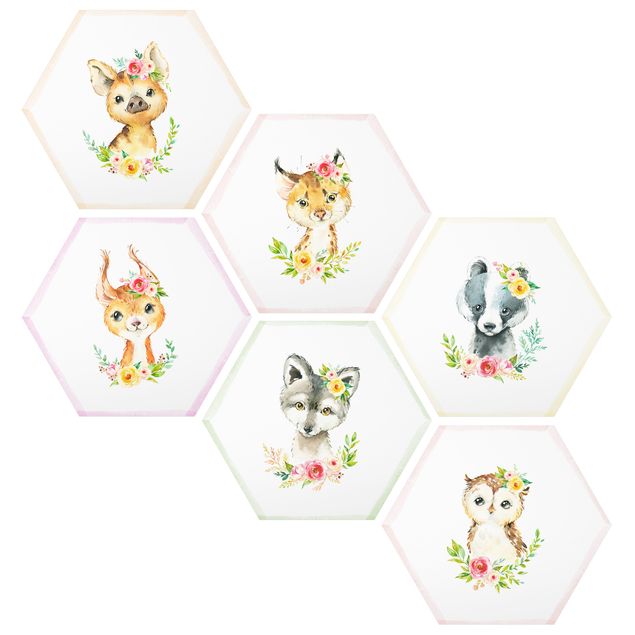 Hexagons Aluminium Dibond schilderijen - 6-delig Watercolour Forest Animals With Flowers Set V
