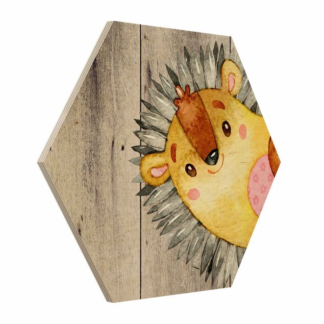 Hexagons houten schilderijen Watercolor Hedgehog On Wood