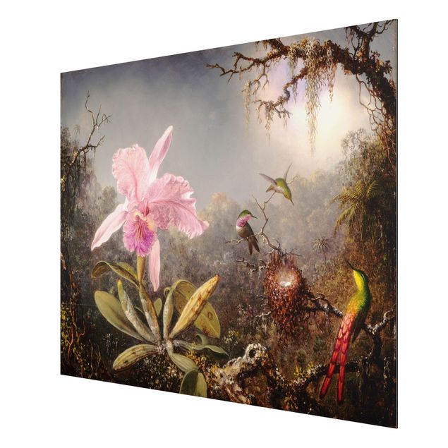 Aluminium Dibond schilderijen Martin Johnson Heade - Orchid And Three Hummingbirds