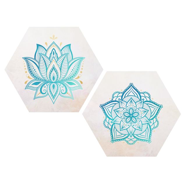 Hexagons Forex schilderijen - 2-delig Mandala Lotus Set Gold Blue