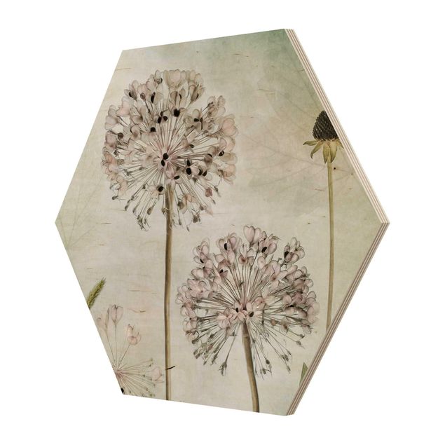 Hexagons houten schilderijen Allium flowers in pastel