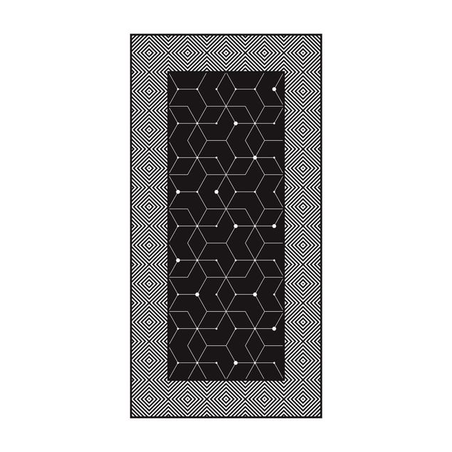 Vloerkleed zwart wit Geometrical Tiles Dotted Lines Black With Border