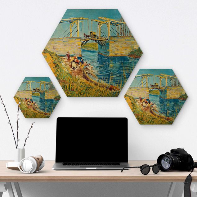Hexagons houten schilderijen Vincent van Gogh - The Drawbridge at Arles with a Group of Washerwomen