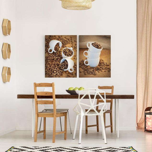 Canvas schilderijen - 2-delig  3 espresso cups with coffee beans