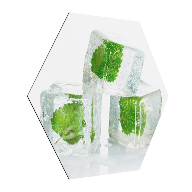 Hexagons Aluminium Dibond schilderijen Three Ice Cubes With Lemon Balm