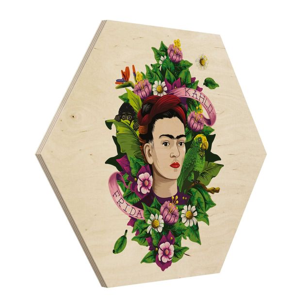 Hexagons houten schilderijen Frida Kahlo - Frida, Monkey And Parrot