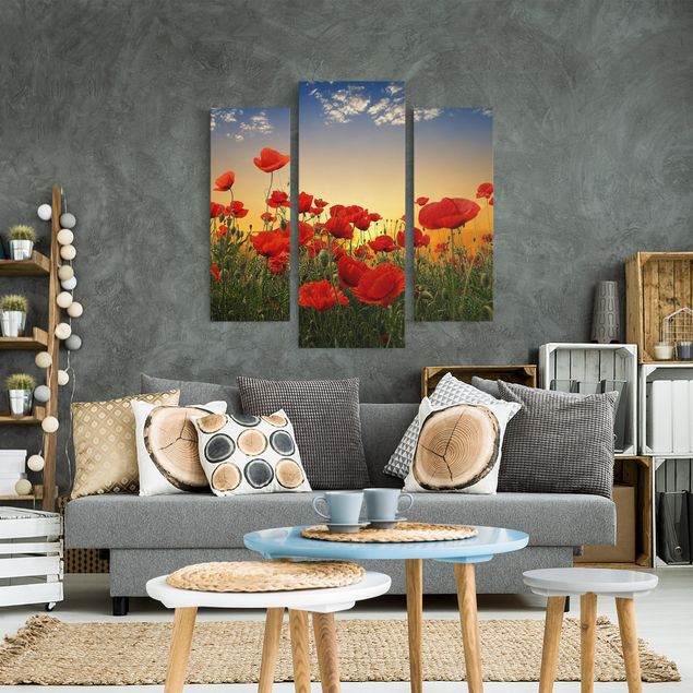 Canvas schilderijen - 3-delig Poppy Field In Sunset