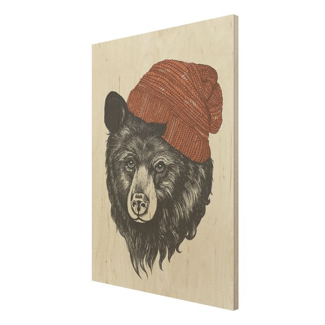 Houten schilderijen Illustration Bear With Red Cap Drawing