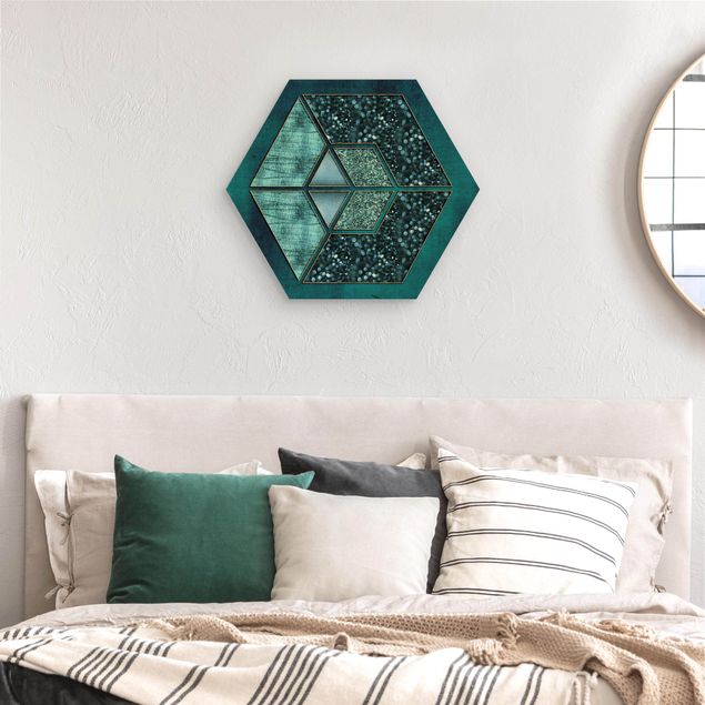 Hexagons houten schilderijen Blue Hexagon With Gold Outline