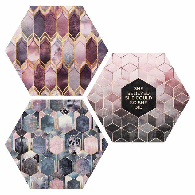 Hexagons Forex schilderijen - 3-delig She Believed Art Deco Set Rose Gold Set II
