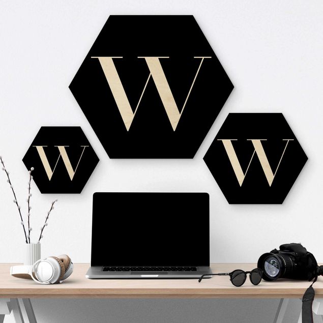 Hexagons houten schilderijen Letter Serif Black W
