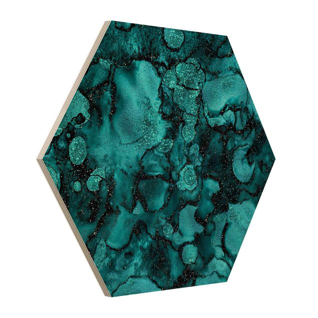 Hexagons houten schilderijen Turquoise Drop With Glitter